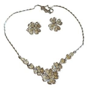 VTG Bogoff Signed‎ Necklace Earrings Set Matching Crystal Rhinestone Bridal 50s